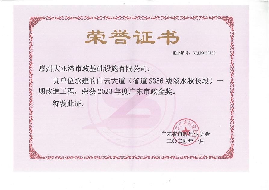 白云大道(省道S356线淡水秋长段)-期改造工程，荣获 2023 年度广东市政金奖